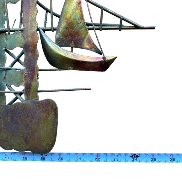 Vintage Mid Century Copper Metal Brutalist Style Wall Hanging Sailboats Bridge - Picture 7 of 16